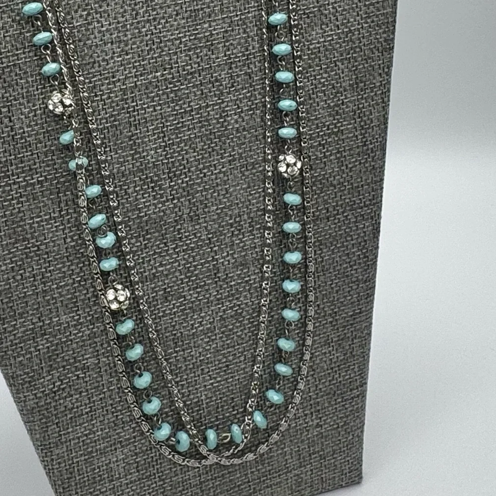 Turquoise Multi-strand Boho Necklace Silver Toned Chains 28”